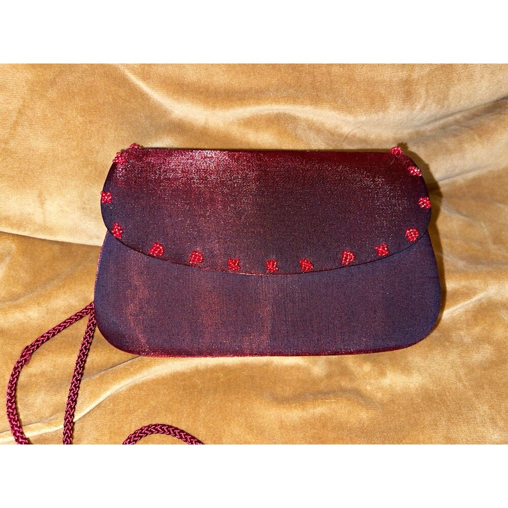 La Regale Burgundy Metallic Clutch Small Detachable Braided Strap Magnetic